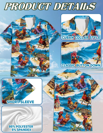 Netecom Chicken Surfing Hawaiian Shirt for Men, Button Down Summer Beach Short Sleeve, Tropical Style, Sizes S-5XL