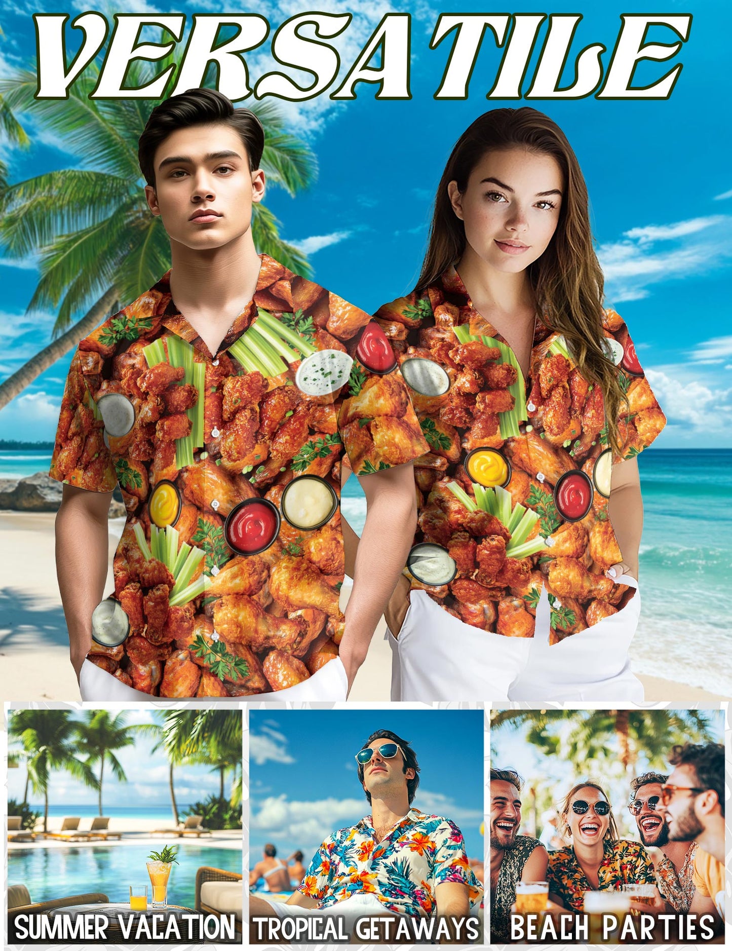 Netecom Chicken Wing Hawaiian Shirt for Men, Button Down Summer Beach Short Sleeve, Sizes S-5XL