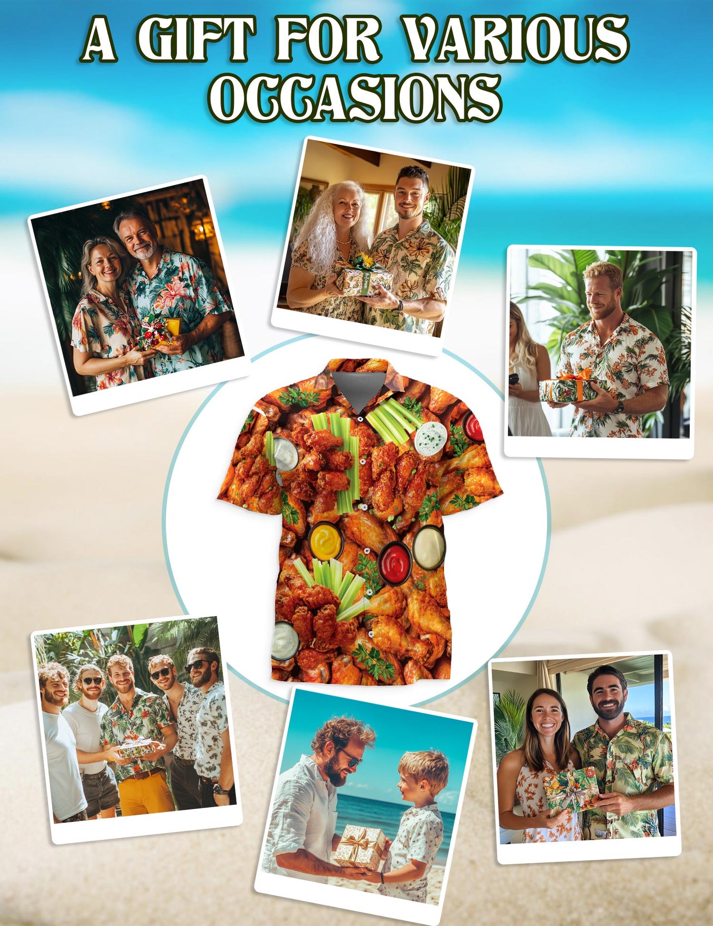 Netecom Chicken Wing Hawaiian Shirt for Men, Button Down Summer Beach Short Sleeve, Sizes S-5XL