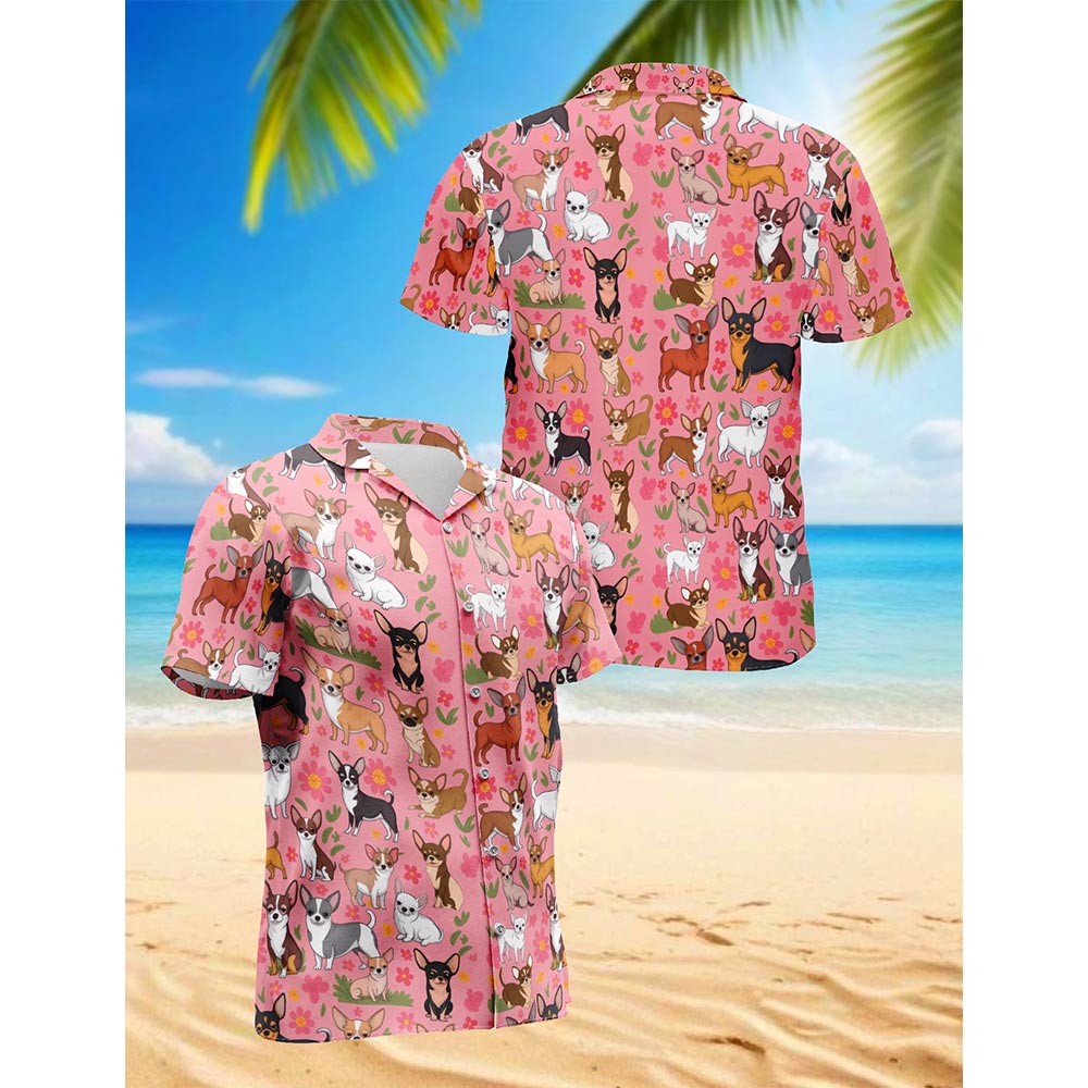 Netecom Chihuahua with Flowers Hawaiian Shirt for Men, Button Down Summer Beach Short Sleeve, Chihuahua Lover Gifts, S-5XL