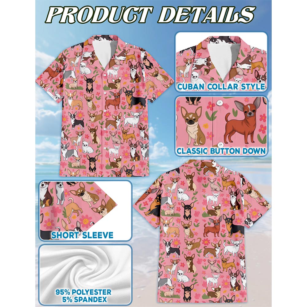 Netecom Chihuahua with Flowers Hawaiian Shirt for Men, Button Down Summer Beach Short Sleeve, Chihuahua Lover Gifts, S-5XL