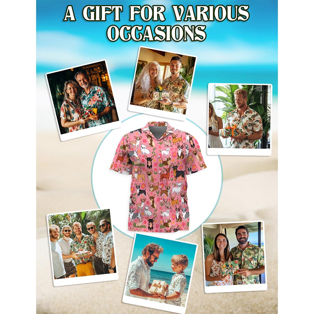 Netecom Chihuahua with Flowers Hawaiian Shirt for Men, Button Down Summer Beach Short Sleeve, Chihuahua Lover Gifts, S-5XL