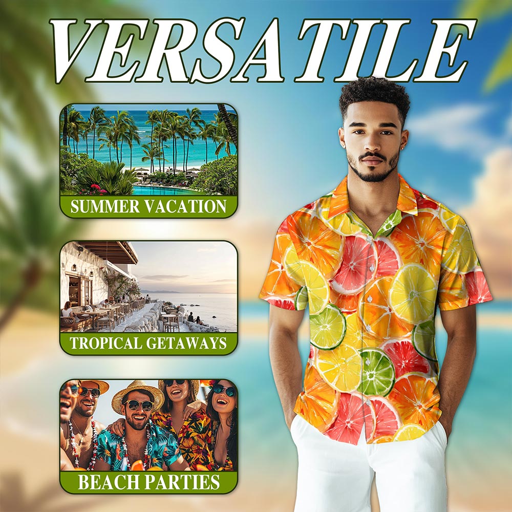 Netecom Citrus Fruits Print Hawaiian Shirt for Men, Fruit Lover Gifts, Button Down Summer Beach Short Sleeve Shirts, S-5XL