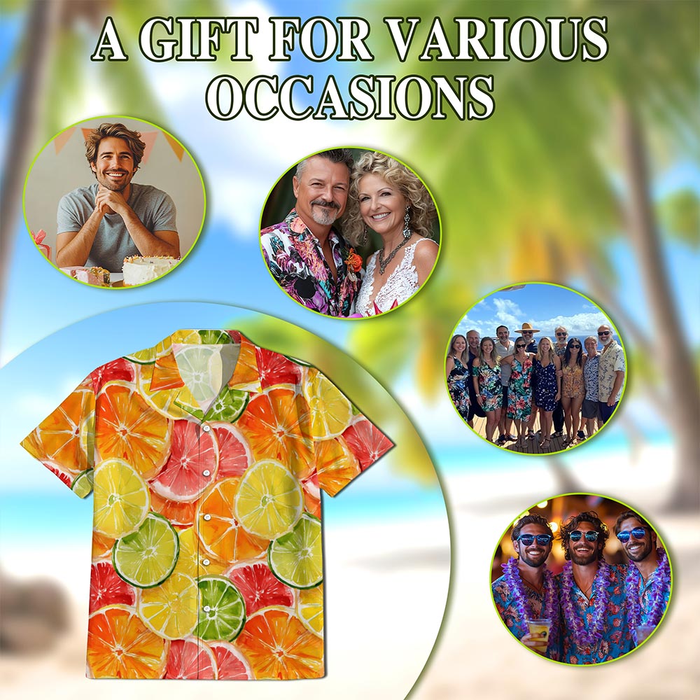 Netecom Citrus Fruits Print Hawaiian Shirt for Men, Fruit Lover Gifts, Button Down Summer Beach Short Sleeve Shirts, S-5XL