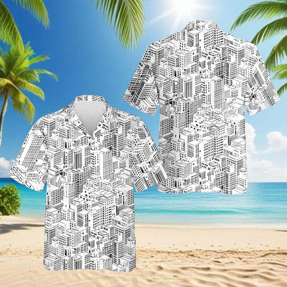 Netecom City Buildings Hawaiian Shirt for Men, Button Down Summer Beach Short Sleeve, Vintage Style, S-5XL