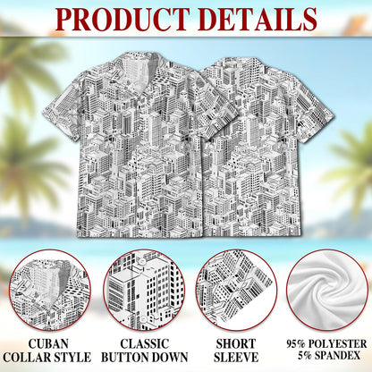 Netecom City Buildings Hawaiian Shirt for Men, Button Down Summer Beach Short Sleeve, Vintage Style, S-5XL