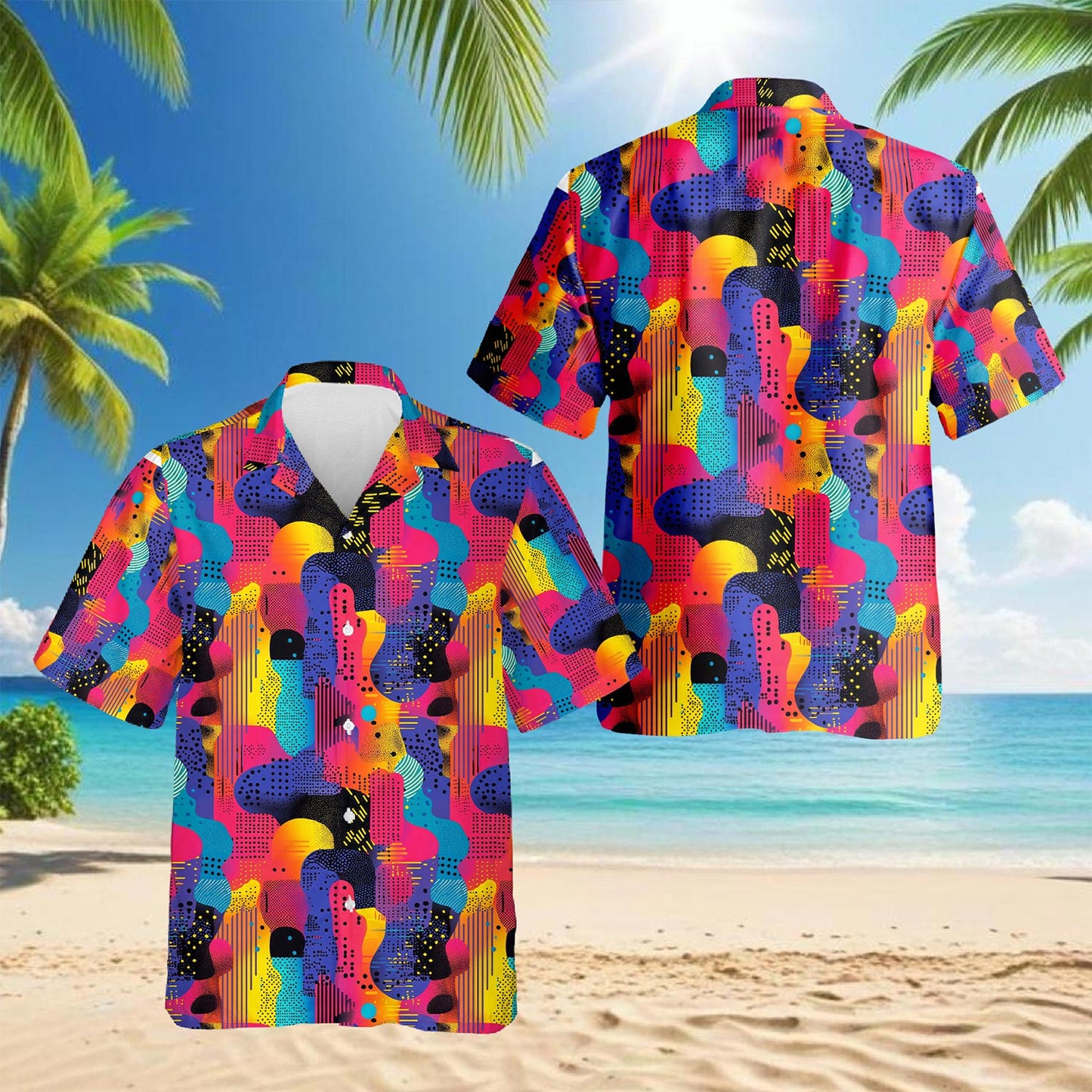 Netecom Classic 80s Color Splash Hawaiian Shirt for Men, Retro Style, Button Down Summer Beach Short Sleeve, S-5XL