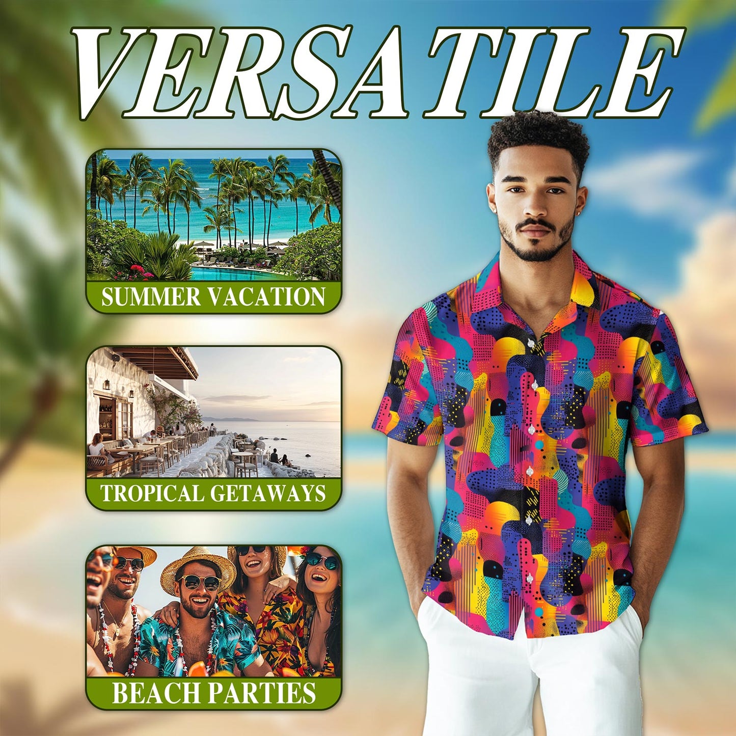Netecom Classic 80s Color Splash Hawaiian Shirt for Men, Retro Style, Button Down Summer Beach Short Sleeve, S-5XL
