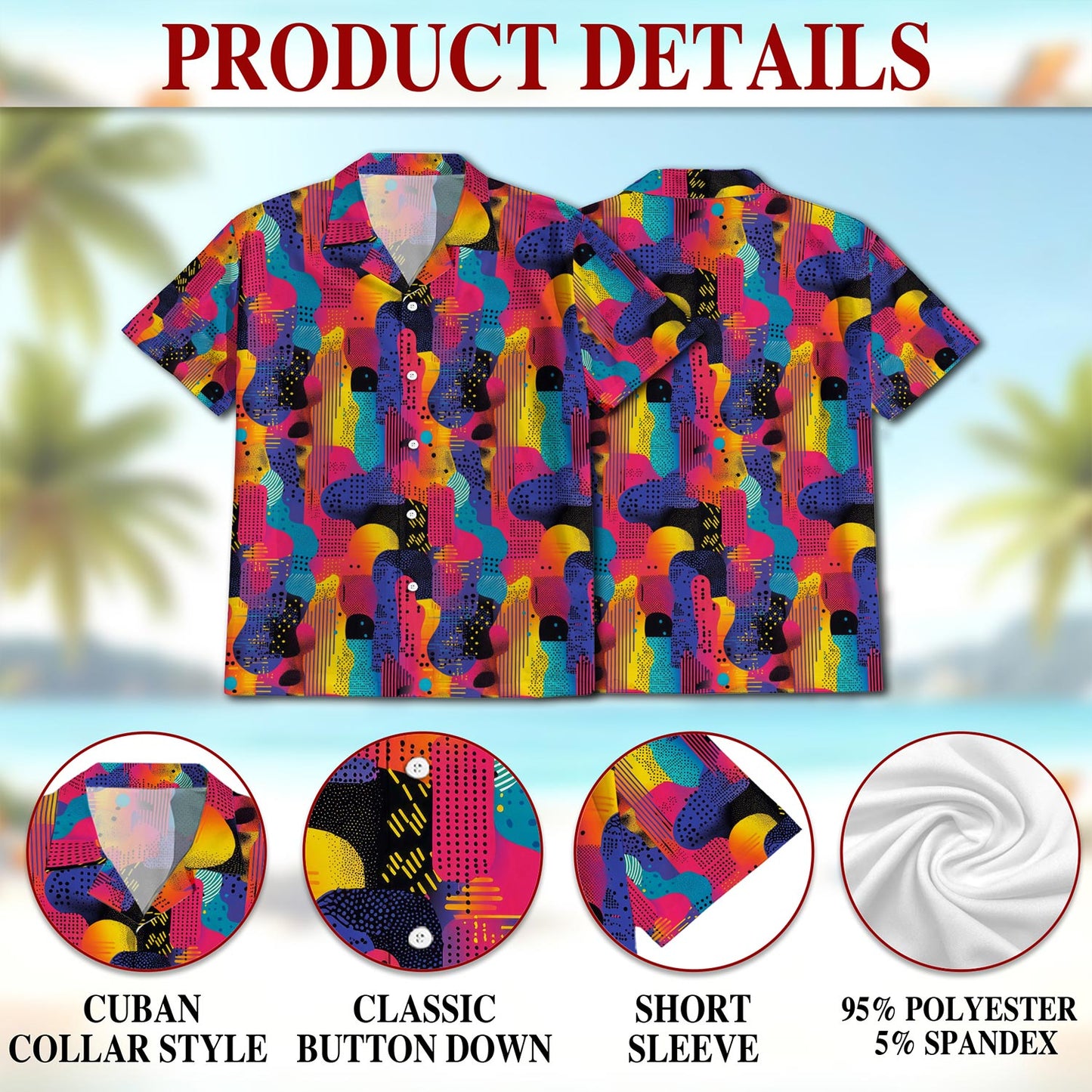 Netecom Classic 80s Color Splash Hawaiian Shirt for Men, Retro Style, Button Down Summer Beach Short Sleeve, S-5XL