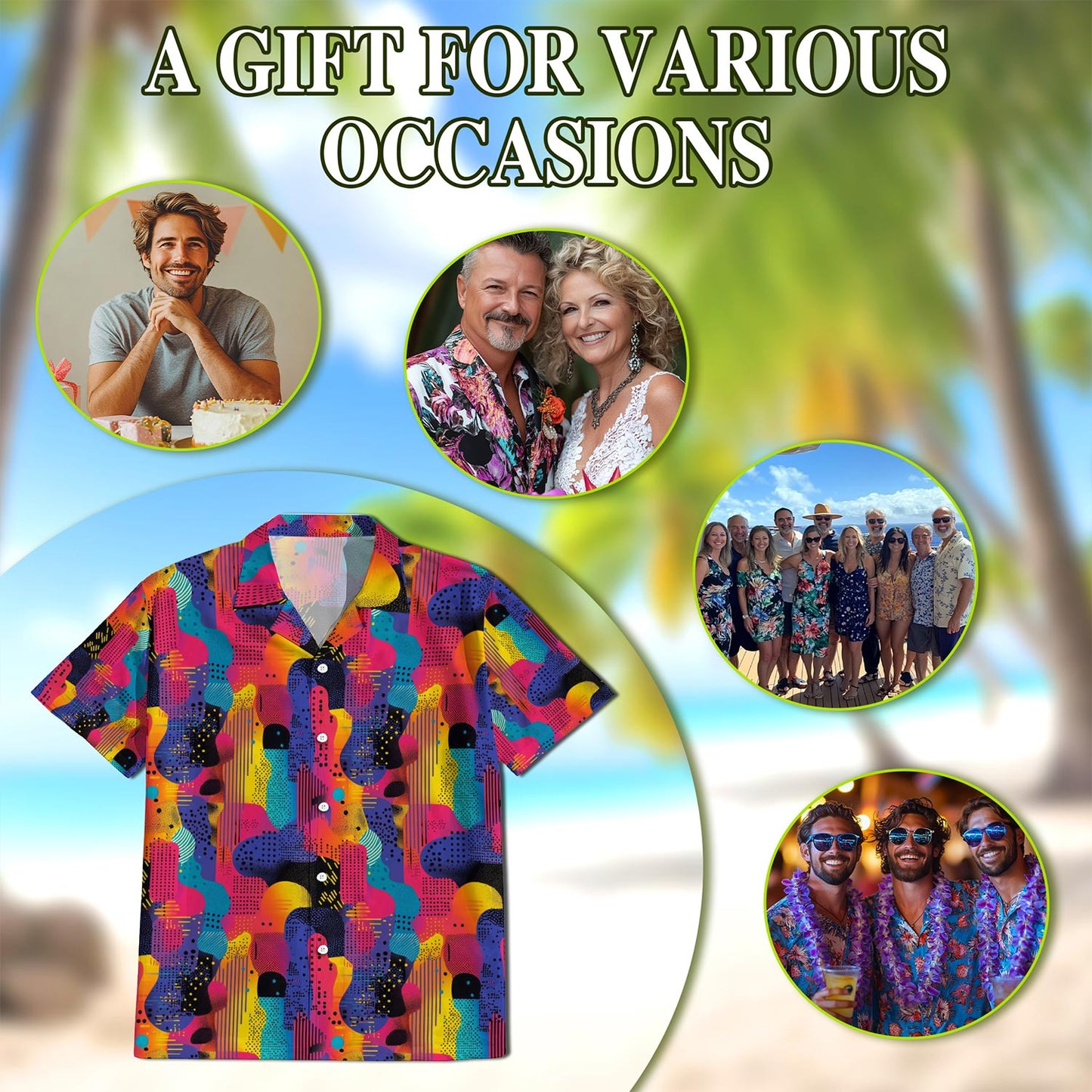 Netecom Classic 80s Color Splash Hawaiian Shirt for Men, Retro Style, Button Down Summer Beach Short Sleeve, S-5XL