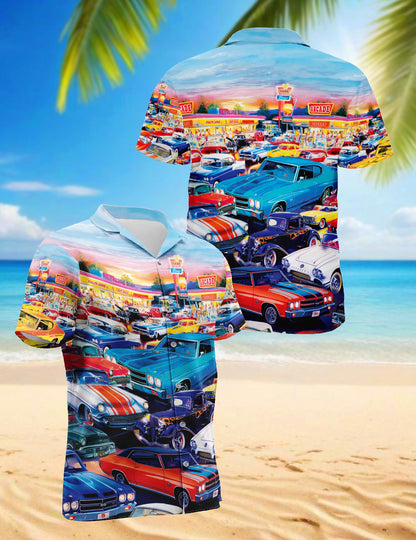 Netecom Classic Car Hawaiian Shirt for Men Women, Car Lover Gifts, Button Down Summer Aloha Beach Short Sleeve Shirts, S-5XL
