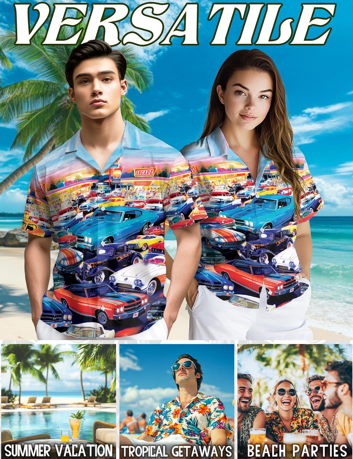 Netecom Classic Car Hawaiian Shirt for Men Women, Car Lover Gifts, Button Down Summer Aloha Beach Short Sleeve Shirts, S-5XL