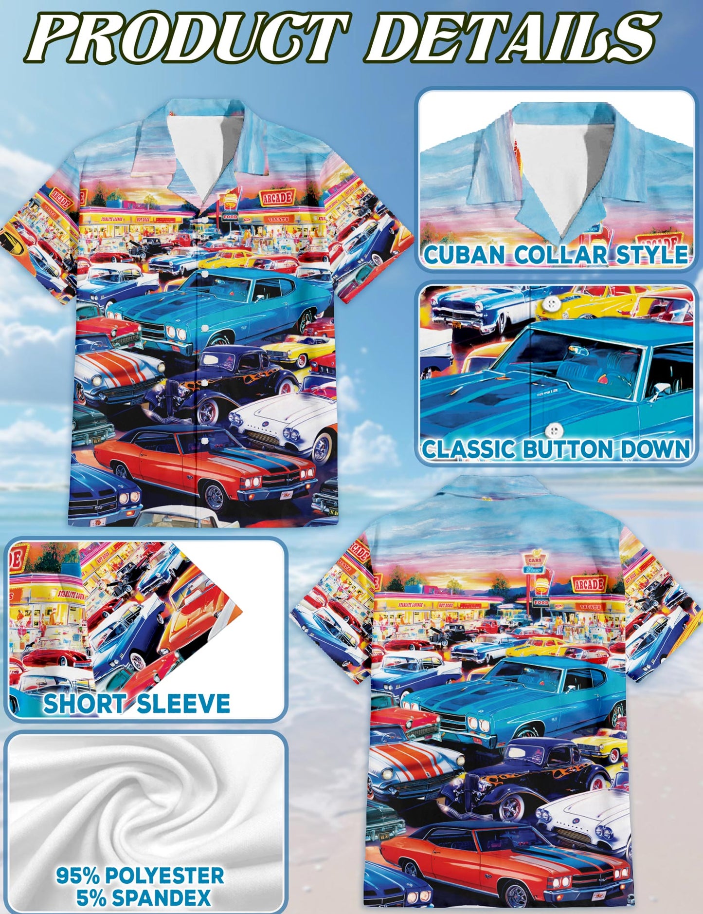 Netecom Classic Car Hawaiian Shirt for Men Women, Car Lover Gifts, Button Down Summer Aloha Beach Short Sleeve Shirts, S-5XL