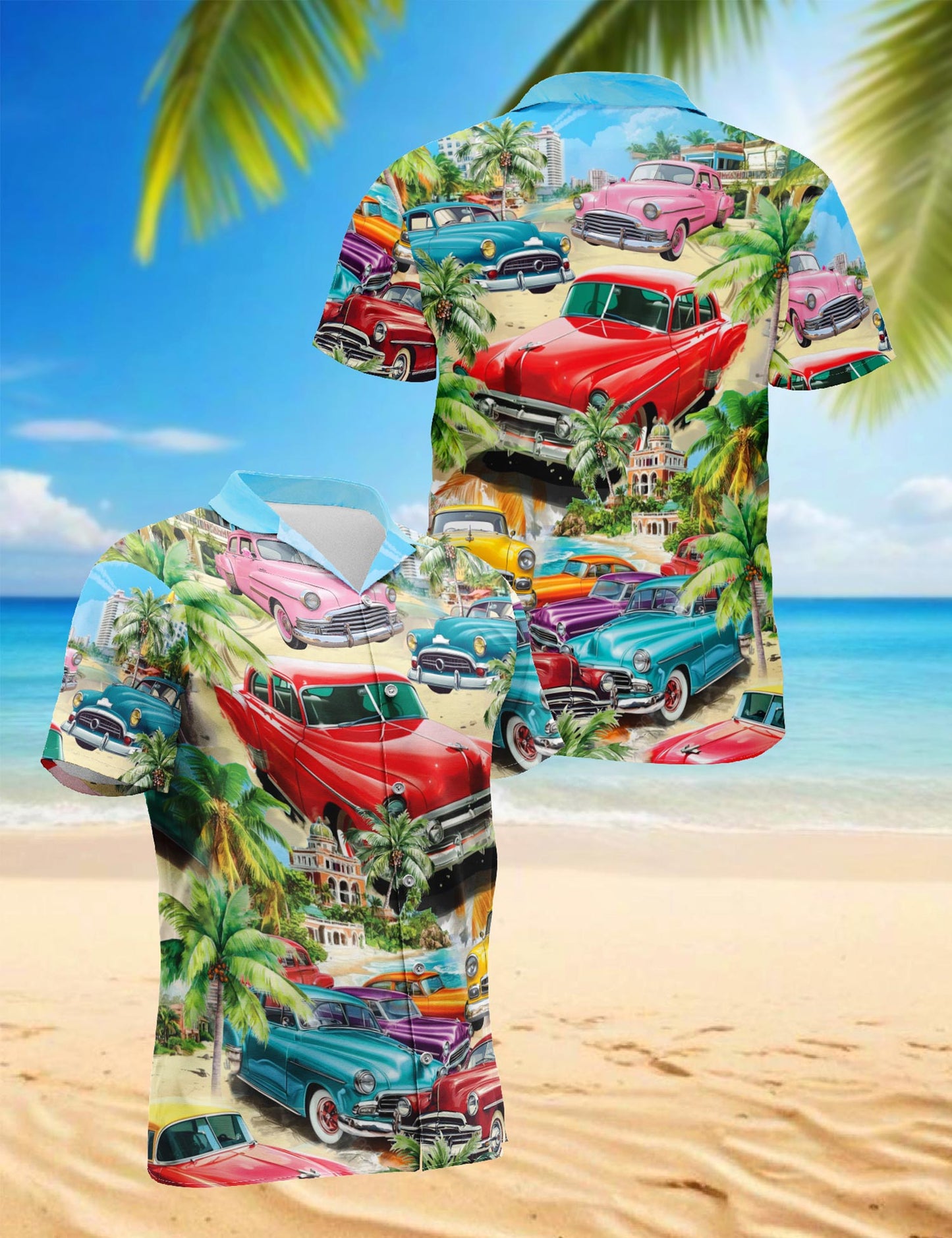 Netecom Classic Cars Hawaiian Shirt for Men, Tropical Style, Button Down Summer Beach Short Sleeve, S-5XL