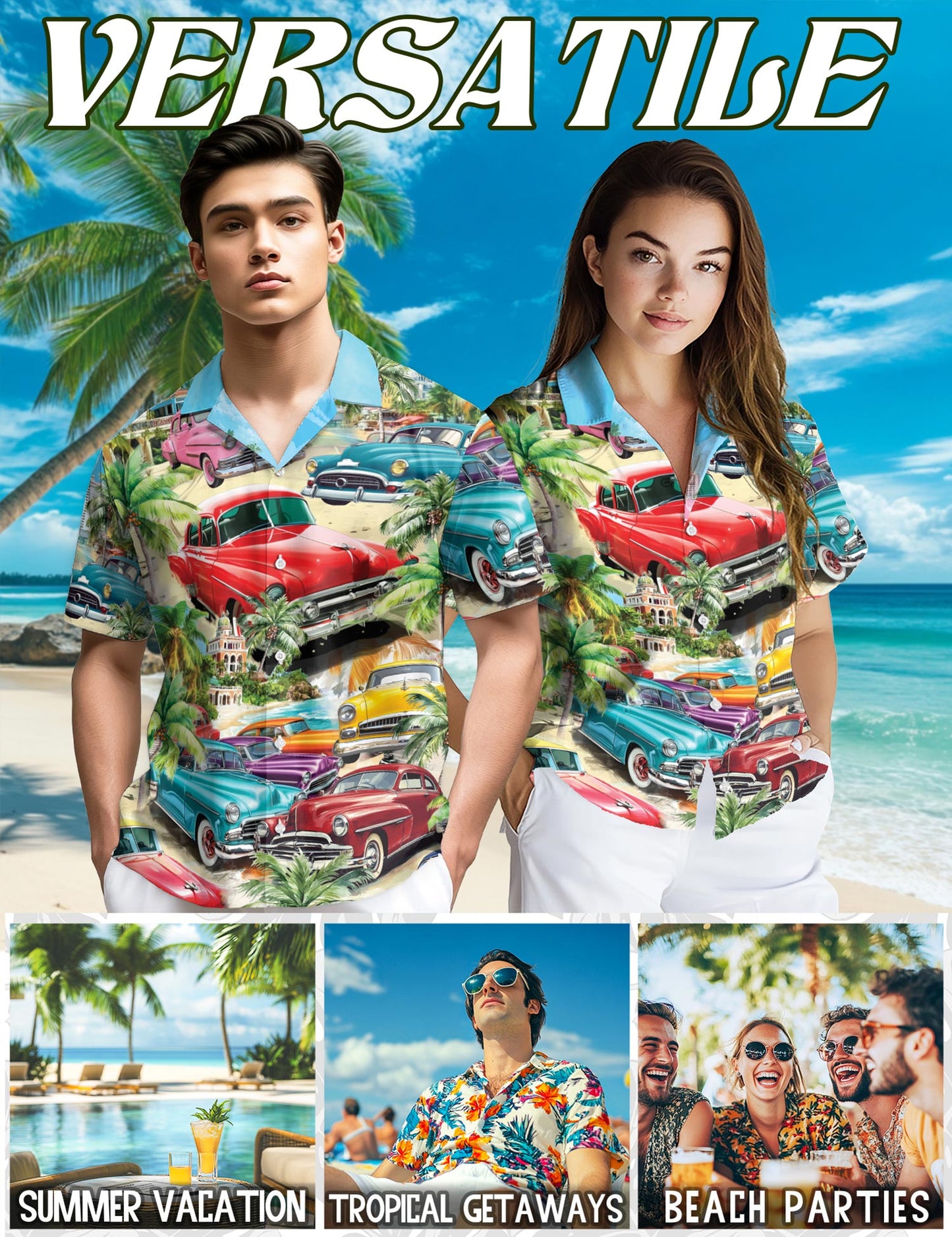 Netecom Classic Cars Hawaiian Shirt for Men, Tropical Style, Button Down Summer Beach Short Sleeve, S-5XL