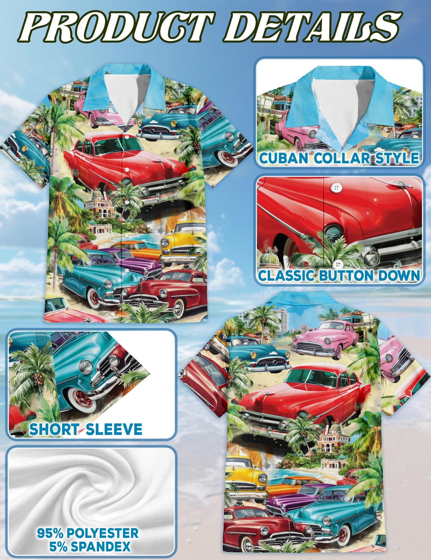 Netecom Classic Cars Hawaiian Shirt for Men, Tropical Style, Button Down Summer Beach Short Sleeve, S-5XL