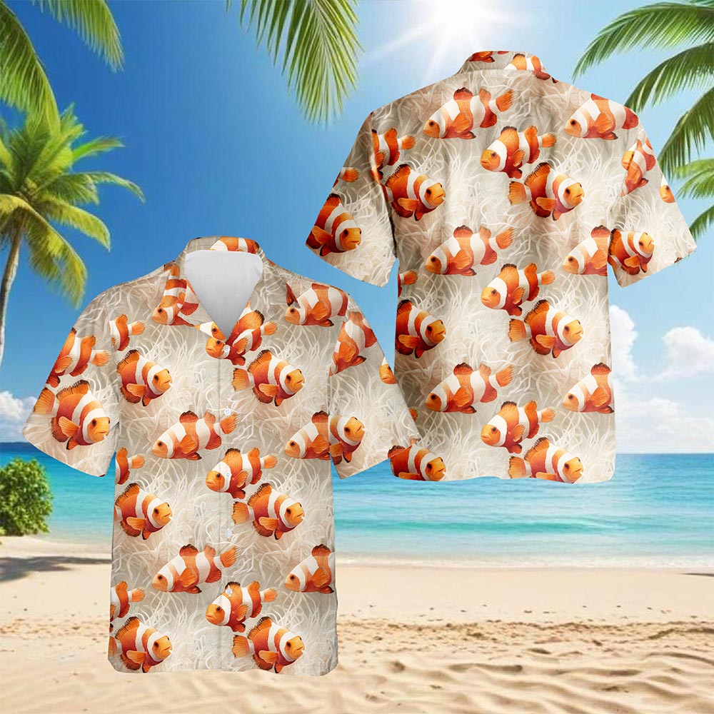 Netecom Clownfish Pattern Hawaiian Shirt for Men, Retro Style, Button Down Summer Beach Short Sleeve, S-5XL