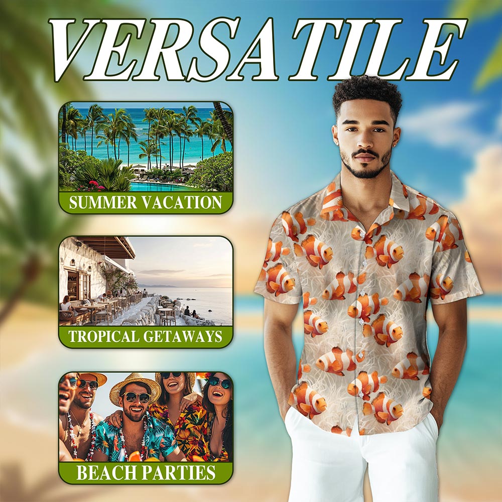 Netecom Clownfish Pattern Hawaiian Shirt for Men, Retro Style, Button Down Summer Beach Short Sleeve, S-5XL