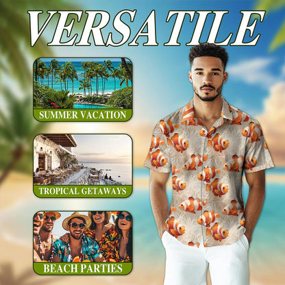 Netecom Clownfish Pattern Hawaiian Shirt for Men, Retro Style, Button Down Summer Beach Short Sleeve, S-5XL