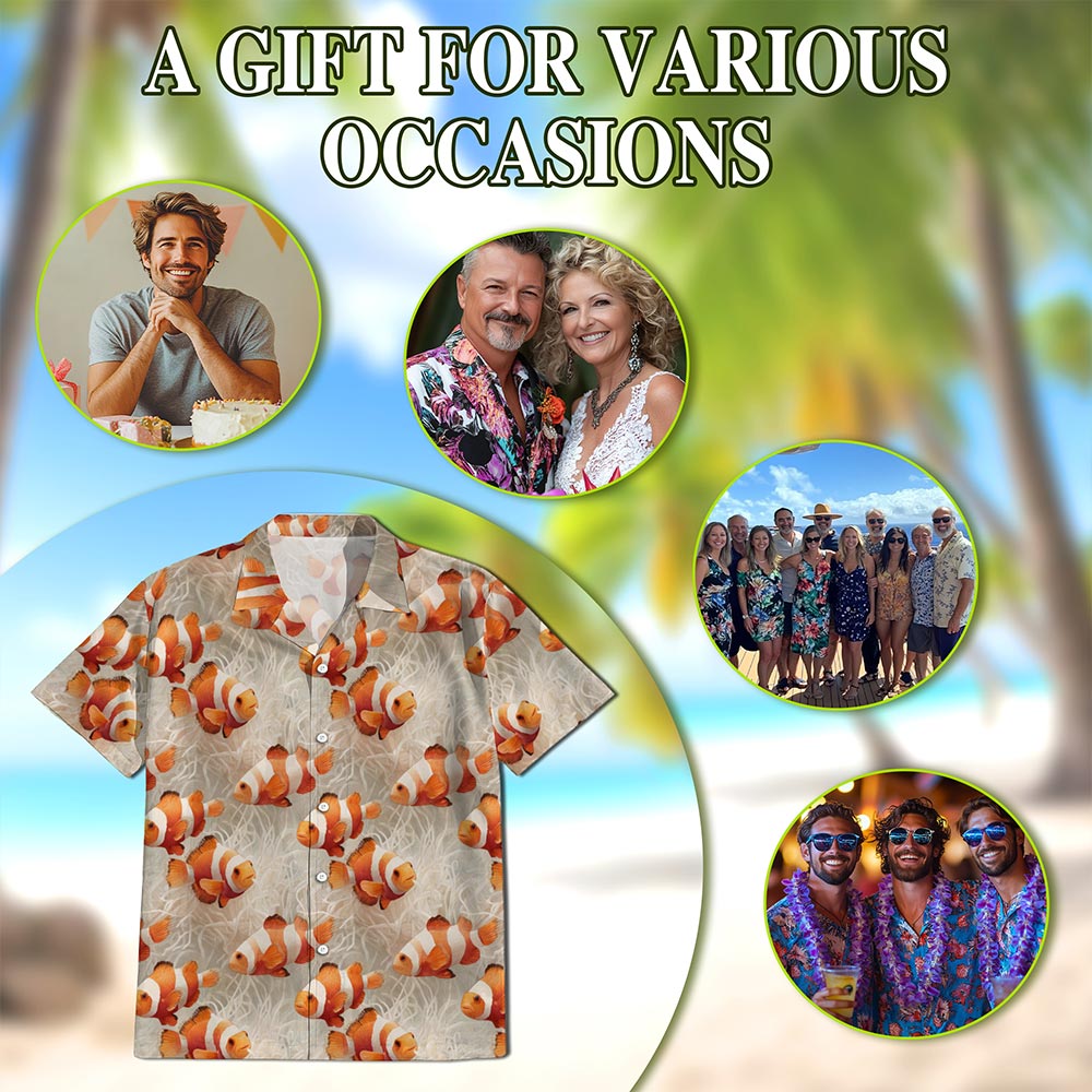 Netecom Clownfish Pattern Hawaiian Shirt for Men, Retro Style, Button Down Summer Beach Short Sleeve, S-5XL