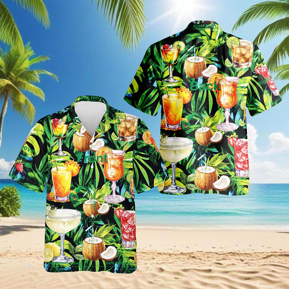 Netecom Cocktail And Fruit Hawaiian Shirt for Men, Hello Summer Tropical Button Down Beach Short Sleeve Shirts, Sizes S-5XL