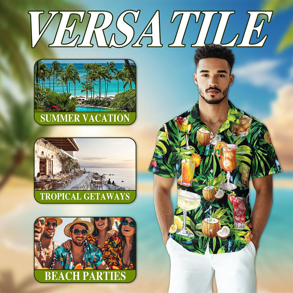 Netecom Cocktail And Fruit Hawaiian Shirt for Men, Hello Summer Tropical Button Down Beach Short Sleeve Shirts, Sizes S-5XL