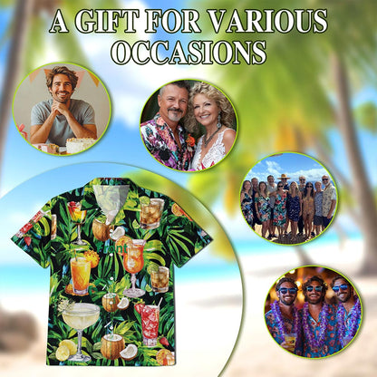 Netecom Cocktail And Fruit Hawaiian Shirt for Men, Hello Summer Tropical Button Down Beach Short Sleeve Shirts, Sizes S-5XL