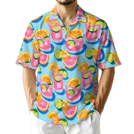 Netecom Cocktail Pattern Hawaiian Shirt for Men, Gouache Painting Style, Button Down Summer Beach Short Sleeve, S-5XL