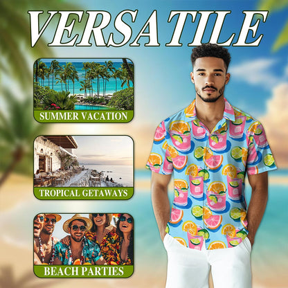 Netecom Cocktail Pattern Hawaiian Shirt for Men, Gouache Painting Style, Button Down Summer Beach Short Sleeve, S-5XL