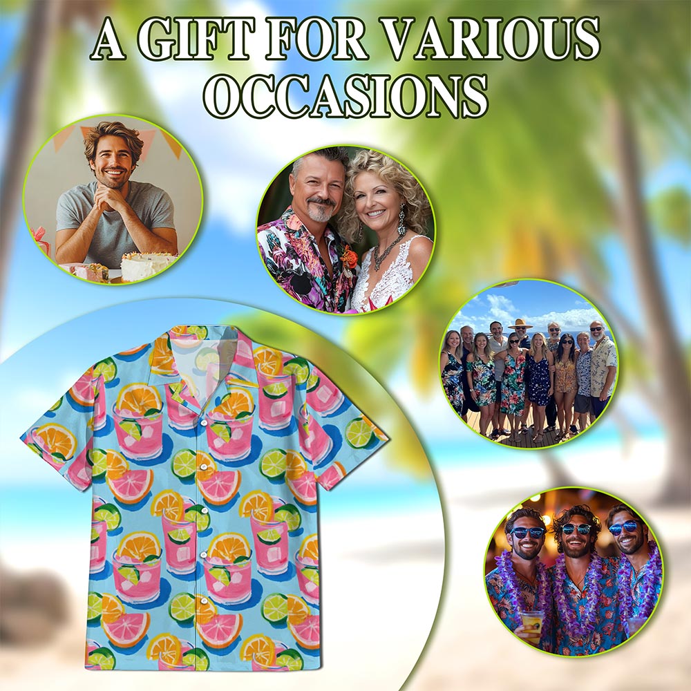Netecom Cocktail Pattern Hawaiian Shirt for Men, Gouache Painting Style, Button Down Summer Beach Short Sleeve, S-5XL