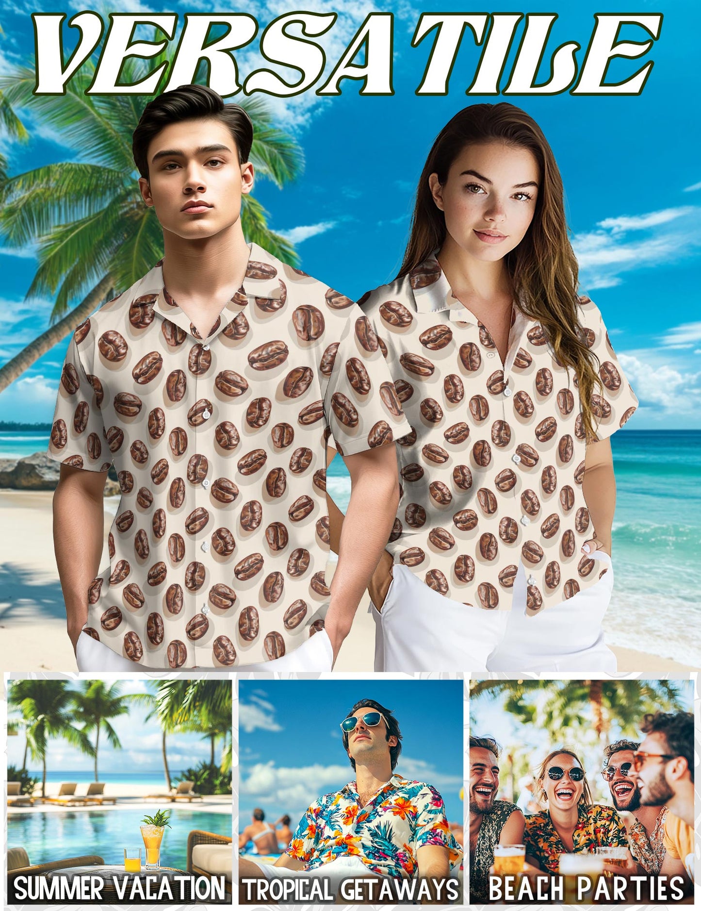 Netecom Coffee Beans Hawaiian Shirt for Men, Vintage Style, Funny Button Down Summer Beach Short Sleeve Shirts, S-5XL