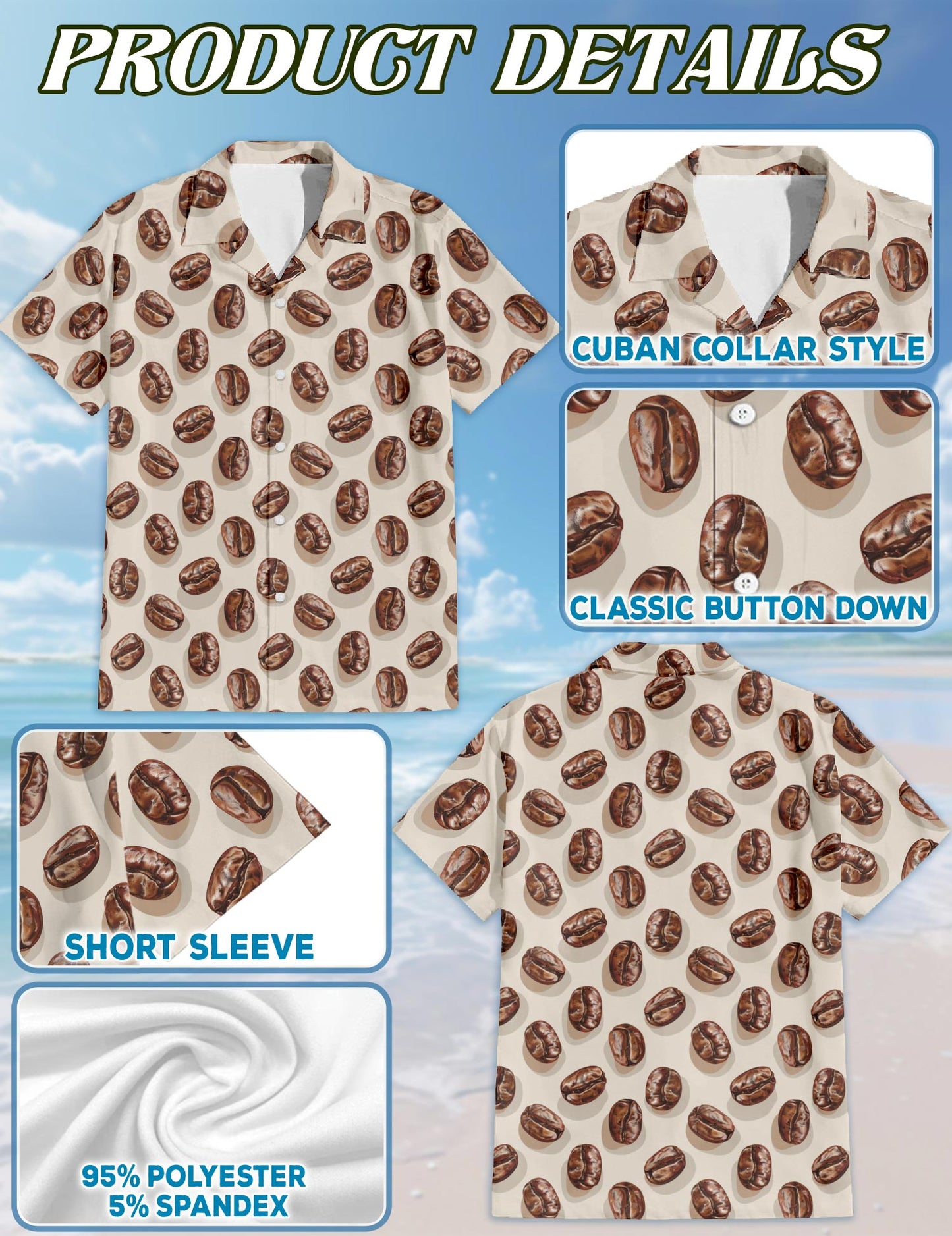 Netecom Coffee Beans Hawaiian Shirt for Men, Vintage Style, Funny Button Down Summer Beach Short Sleeve Shirts, S-5XL