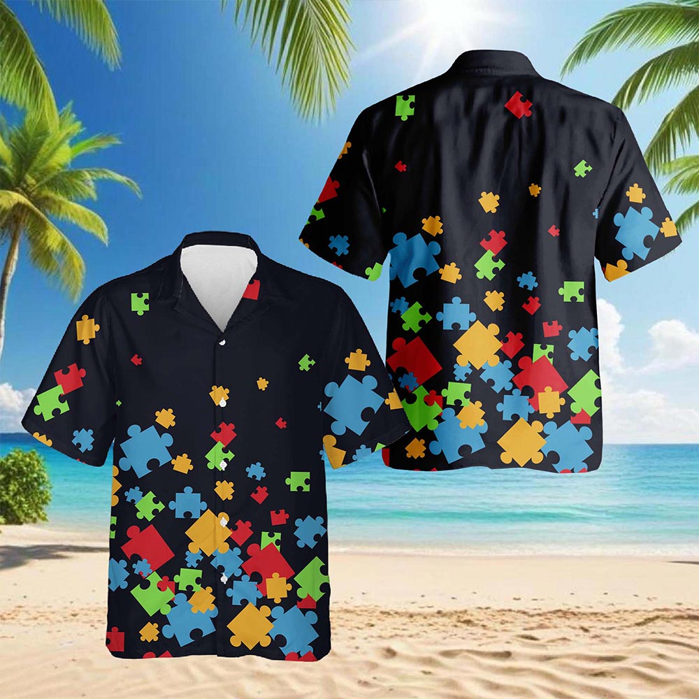 Netecom Colorful Autism Awareness Hawaiian Shirt for Men, Button Down Summer Beach Short Sleeve, S-5XL