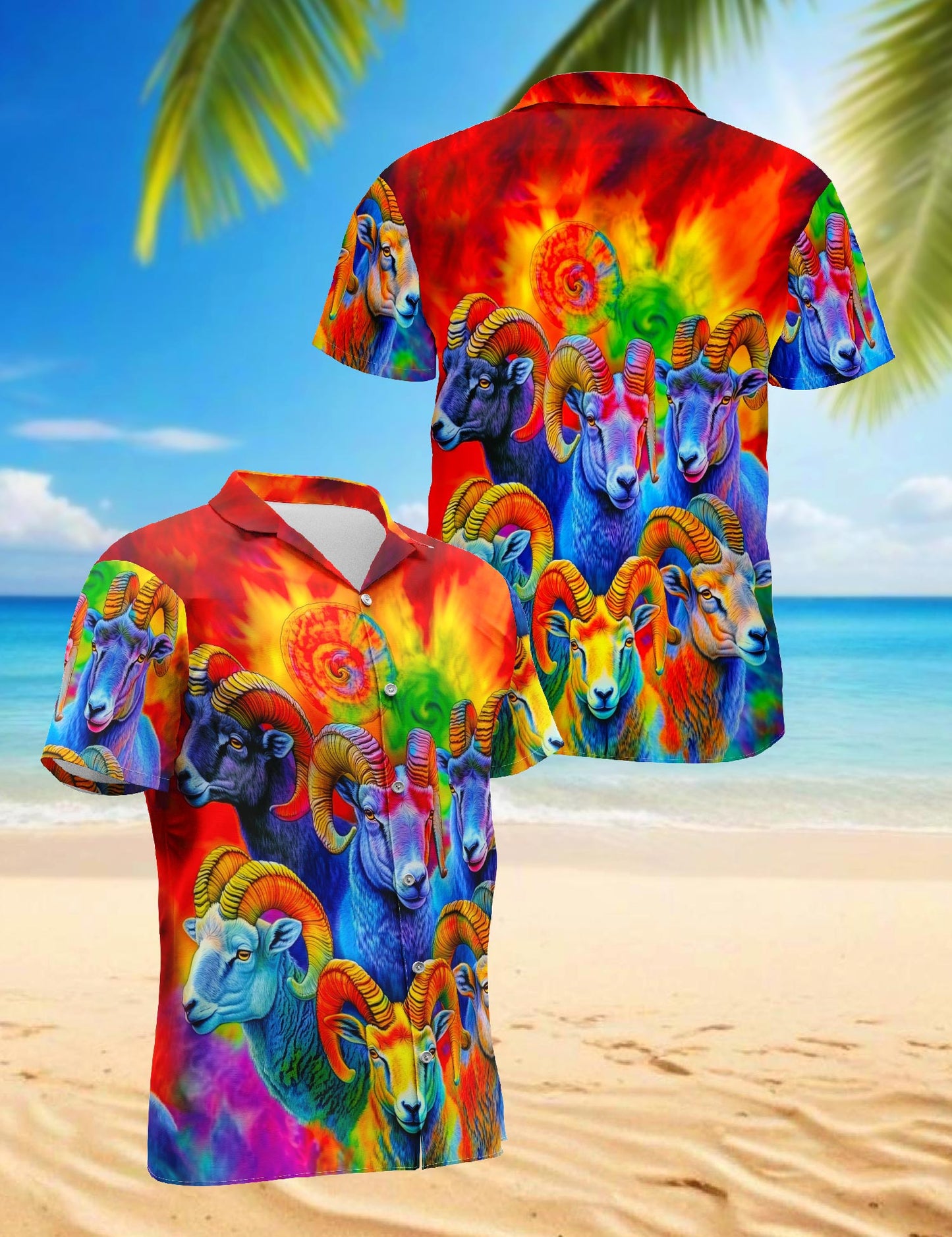 Netecom Colorful Bighorn Sheep Hawaiian Shirt for Men, Button Down Summer Beach Short Sleeve, S-5XL