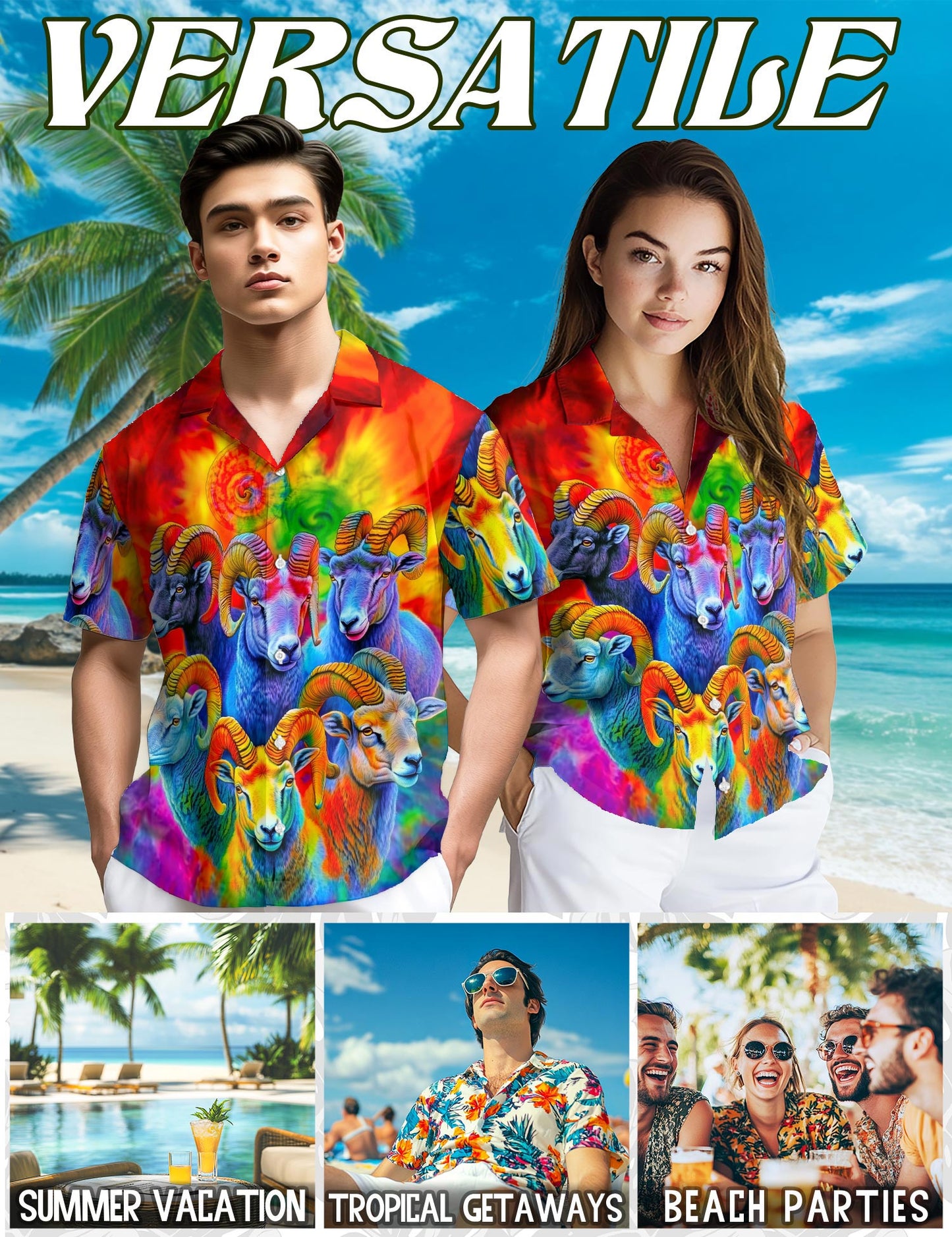 Netecom Colorful Bighorn Sheep Hawaiian Shirt for Men, Button Down Summer Beach Short Sleeve, S-5XL