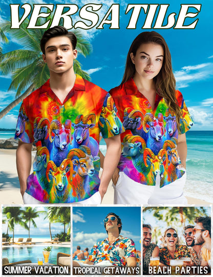 Netecom Colorful Bighorn Sheep Hawaiian Shirt for Men, Button Down Summer Beach Short Sleeve, S-5XL