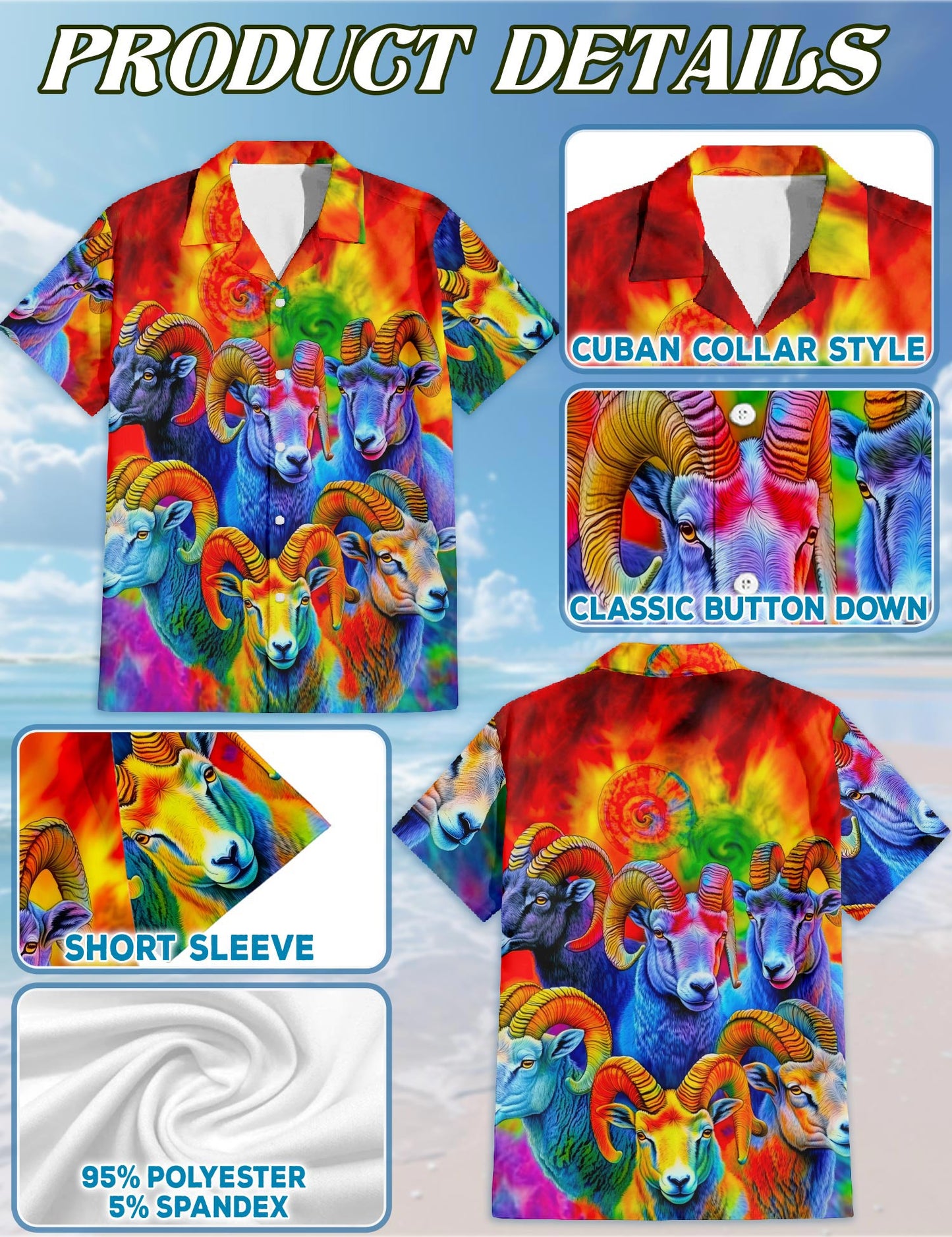 Netecom Colorful Bighorn Sheep Hawaiian Shirt for Men, Button Down Summer Beach Short Sleeve, S-5XL