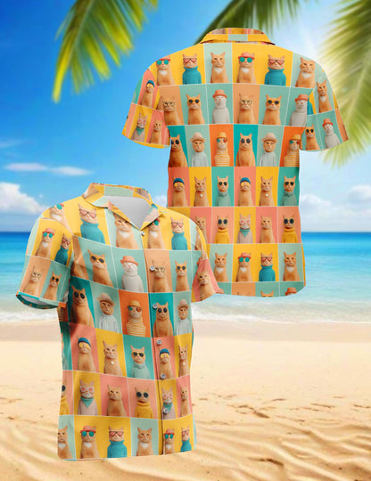 Netecom Colorful Cat Pattern Hawaiian Shirt for Men, Retro Style, Button Down Summer Beach Short Sleeve, S-5XL