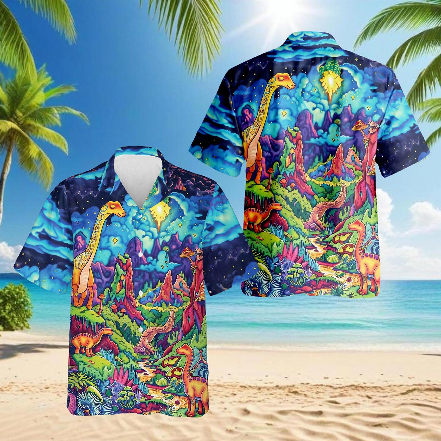 Netecom Colorful Dinosaurs Hawaiian Shirt for Men, Button Down Summer Beach Short Sleeve, Dinosaur Lover Gifts, S-5XL