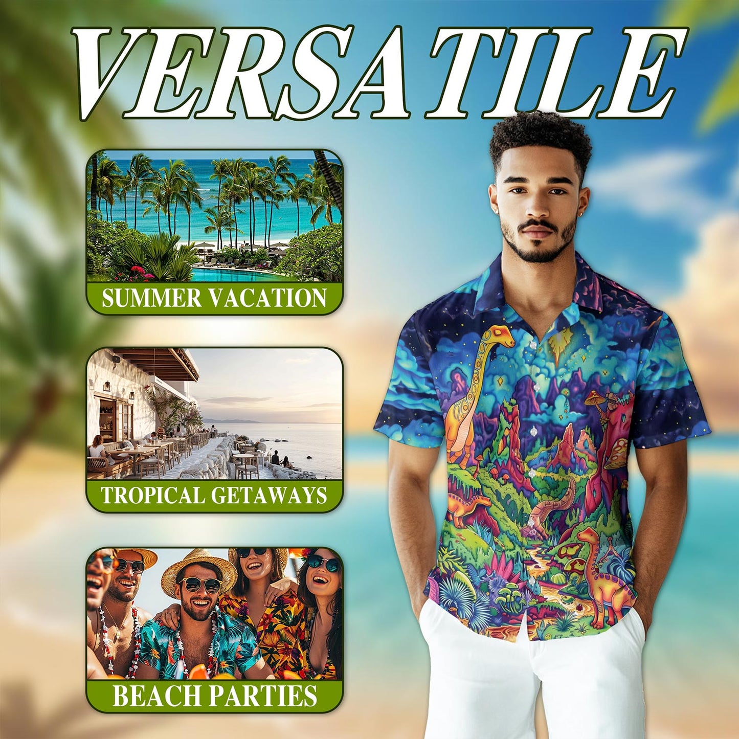 Netecom Colorful Dinosaurs Hawaiian Shirt for Men, Button Down Summer Beach Short Sleeve, Dinosaur Lover Gifts, S-5XL