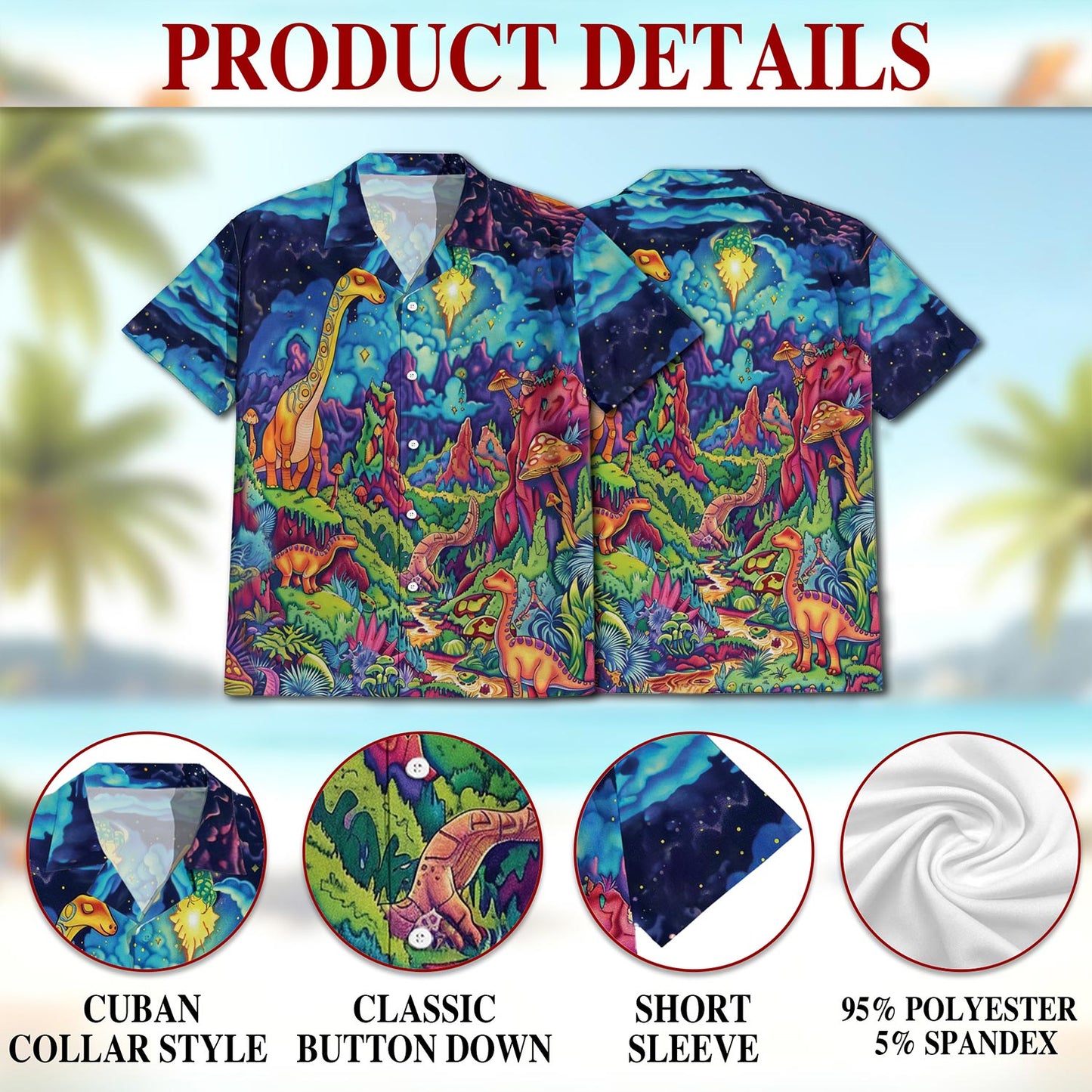 Netecom Colorful Dinosaurs Hawaiian Shirt for Men, Button Down Summer Beach Short Sleeve, Dinosaur Lover Gifts, S-5XL