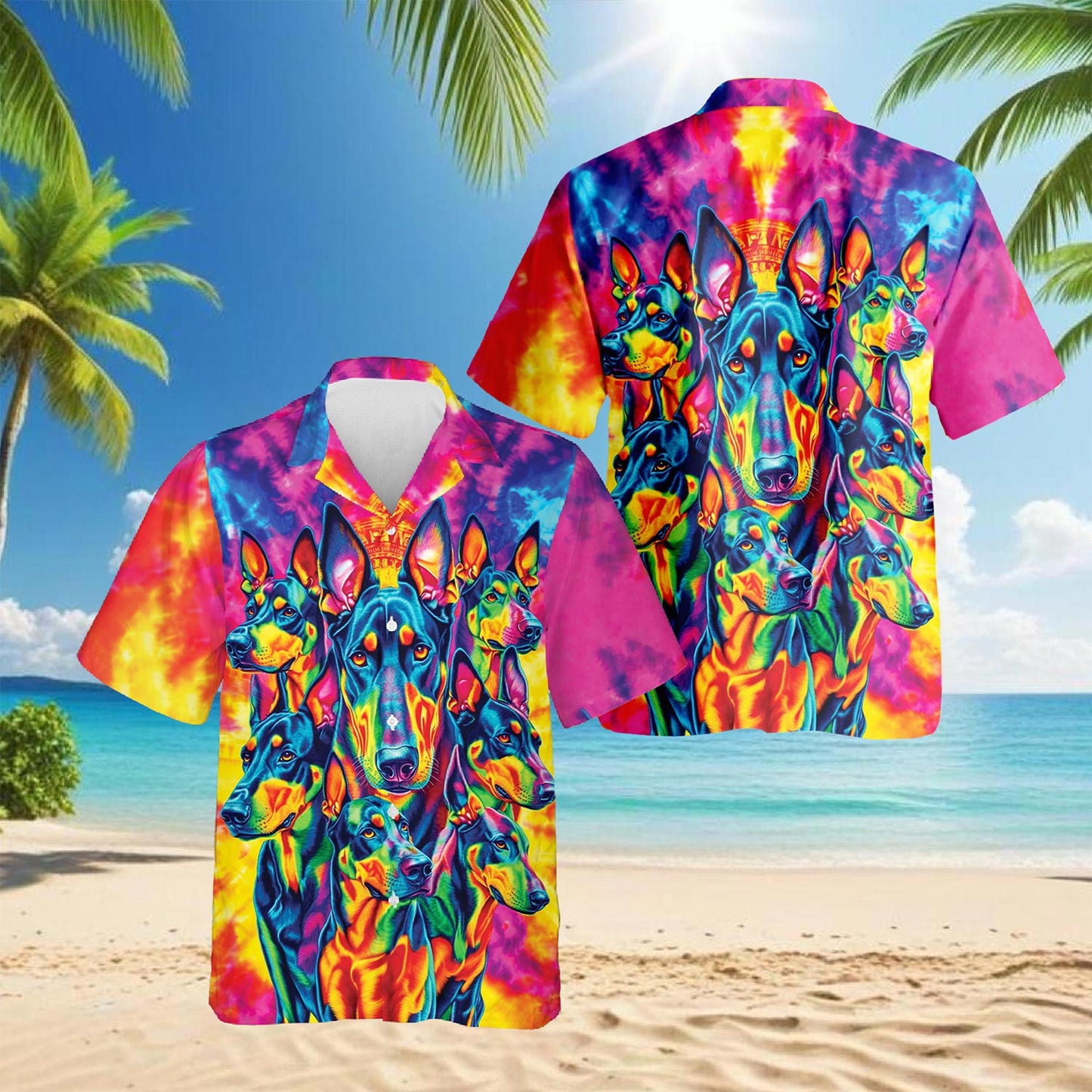 Netecom Colorful Doberman Pinscher Hawaiian Shirt for Men, Button Down Summer Beach Short Sleeve, Doberman Pinscher Lover Gifts, S-5XL