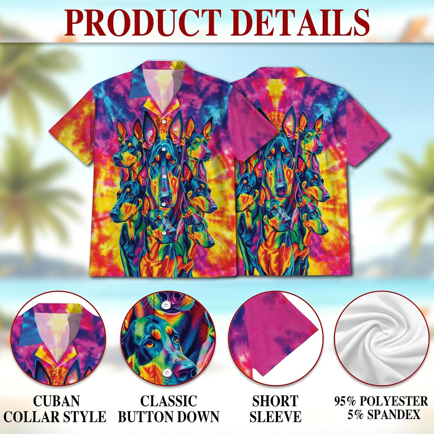 Netecom Colorful Doberman Pinscher Hawaiian Shirt for Men, Button Down Summer Beach Short Sleeve, Doberman Pinscher Lover Gifts, S-5XL