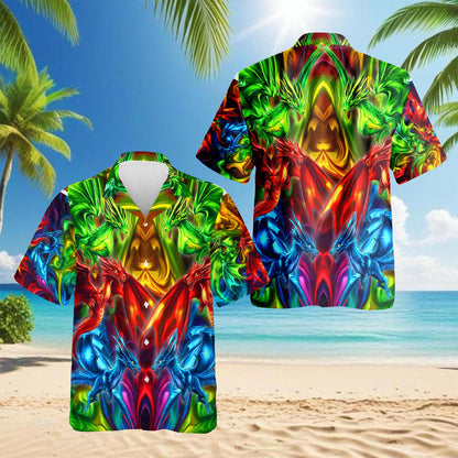 Netecom Colorful Dragon Hawaiian Shirt for Men, Dragon Lover Gift, Button Down Summer Beach Short Sleeve, S-5XL