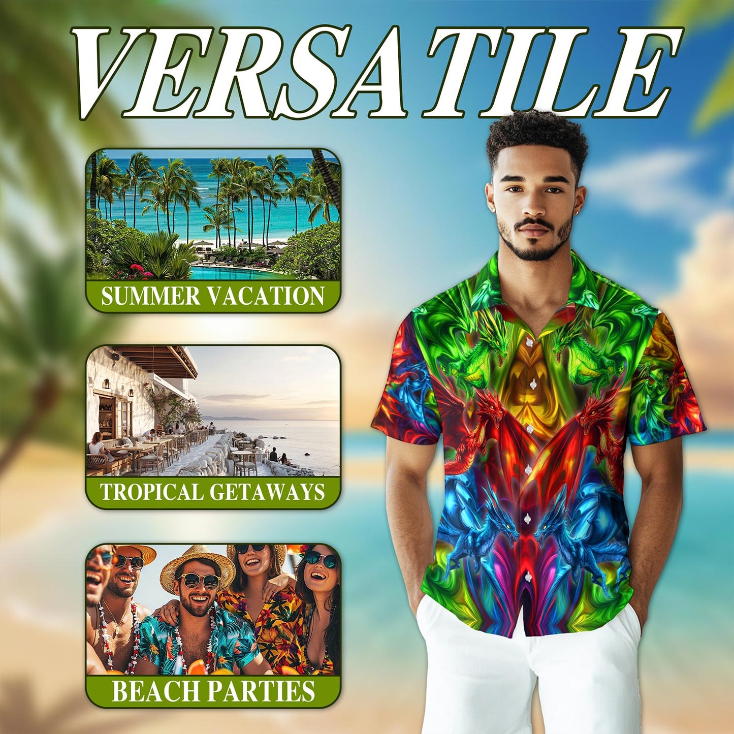 Netecom Colorful Dragon Hawaiian Shirt for Men, Dragon Lover Gift, Button Down Summer Beach Short Sleeve, S-5XL