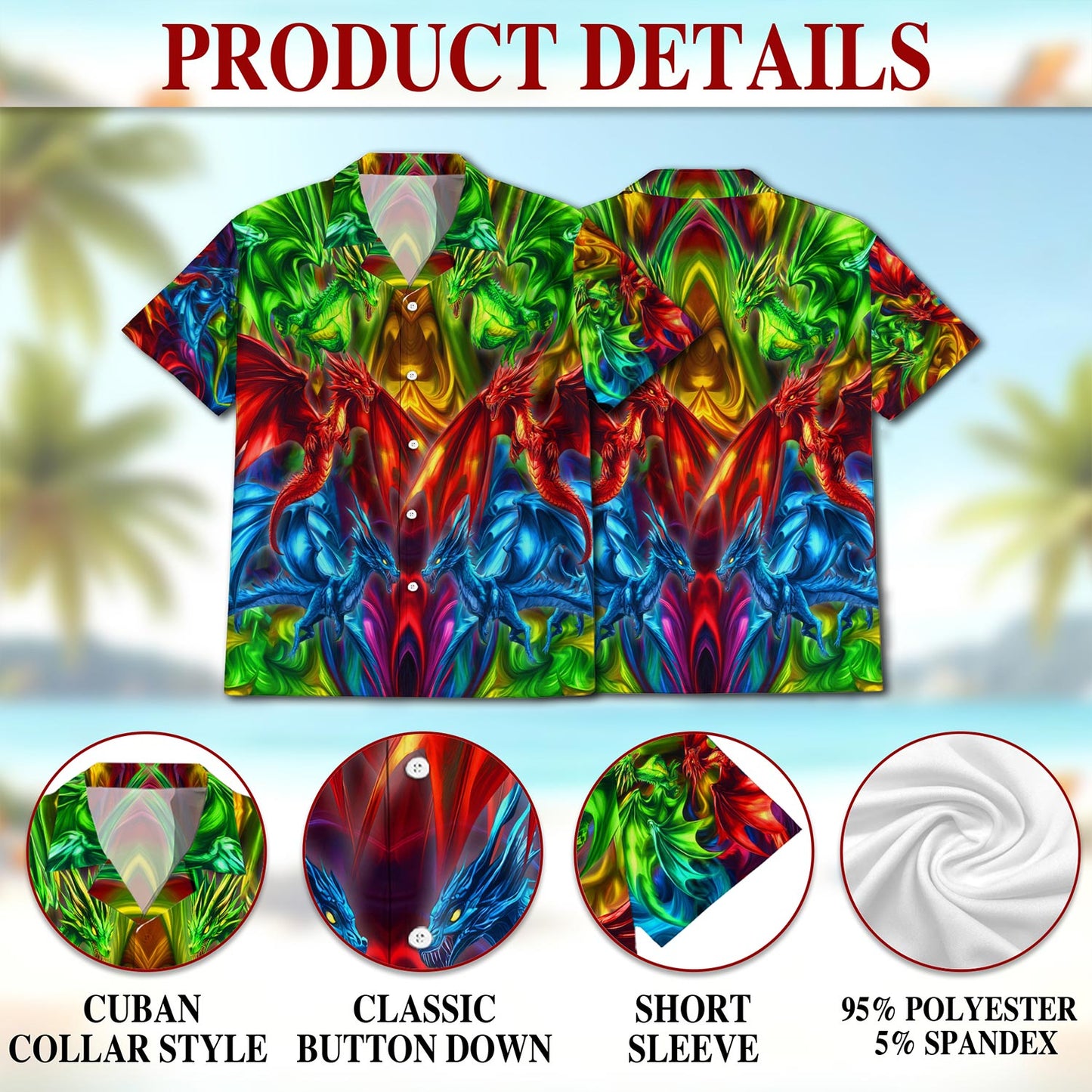 Netecom Colorful Dragon Hawaiian Shirt for Men, Dragon Lover Gift, Button Down Summer Beach Short Sleeve, S-5XL