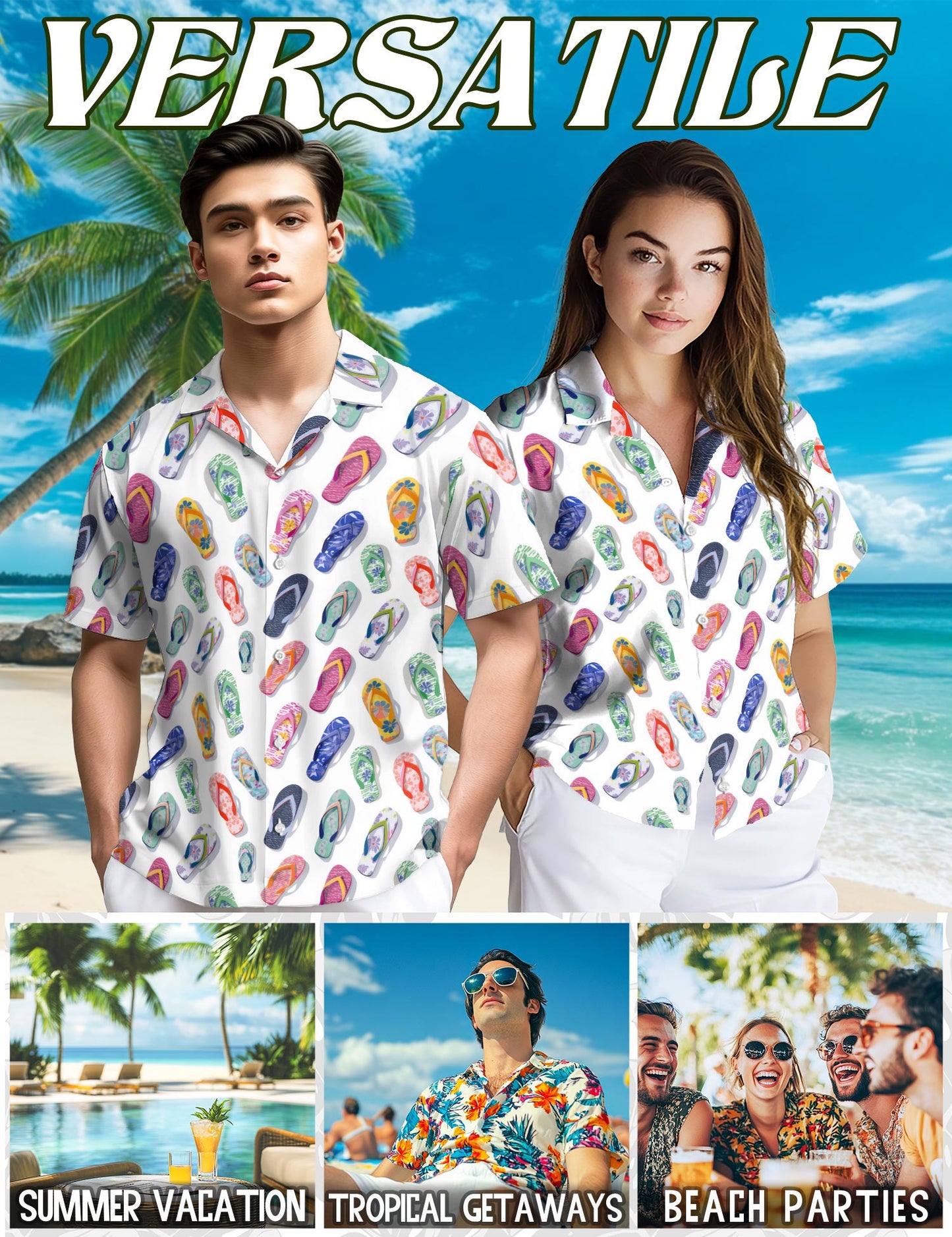 Netecom Colorful Flip Flops Hawaiian Shirt for Men, Vintage Style, Button Down Summer Beach Short Sleeve, S-5XL