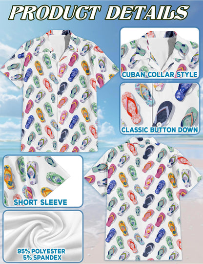 Netecom Colorful Flip Flops Hawaiian Shirt for Men, Vintage Style, Button Down Summer Beach Short Sleeve, S-5XL