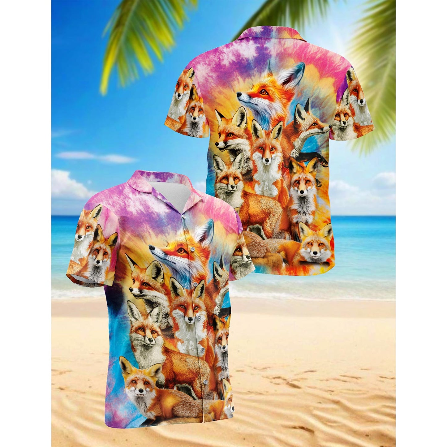 Netecom Colorful Fox Hawaiian Shirt for Men, Button Down Summer Beach Short Sleeve, Sizes S-5XL