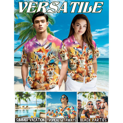 Netecom Colorful Fox Hawaiian Shirt for Men, Button Down Summer Beach Short Sleeve, Sizes S-5XL